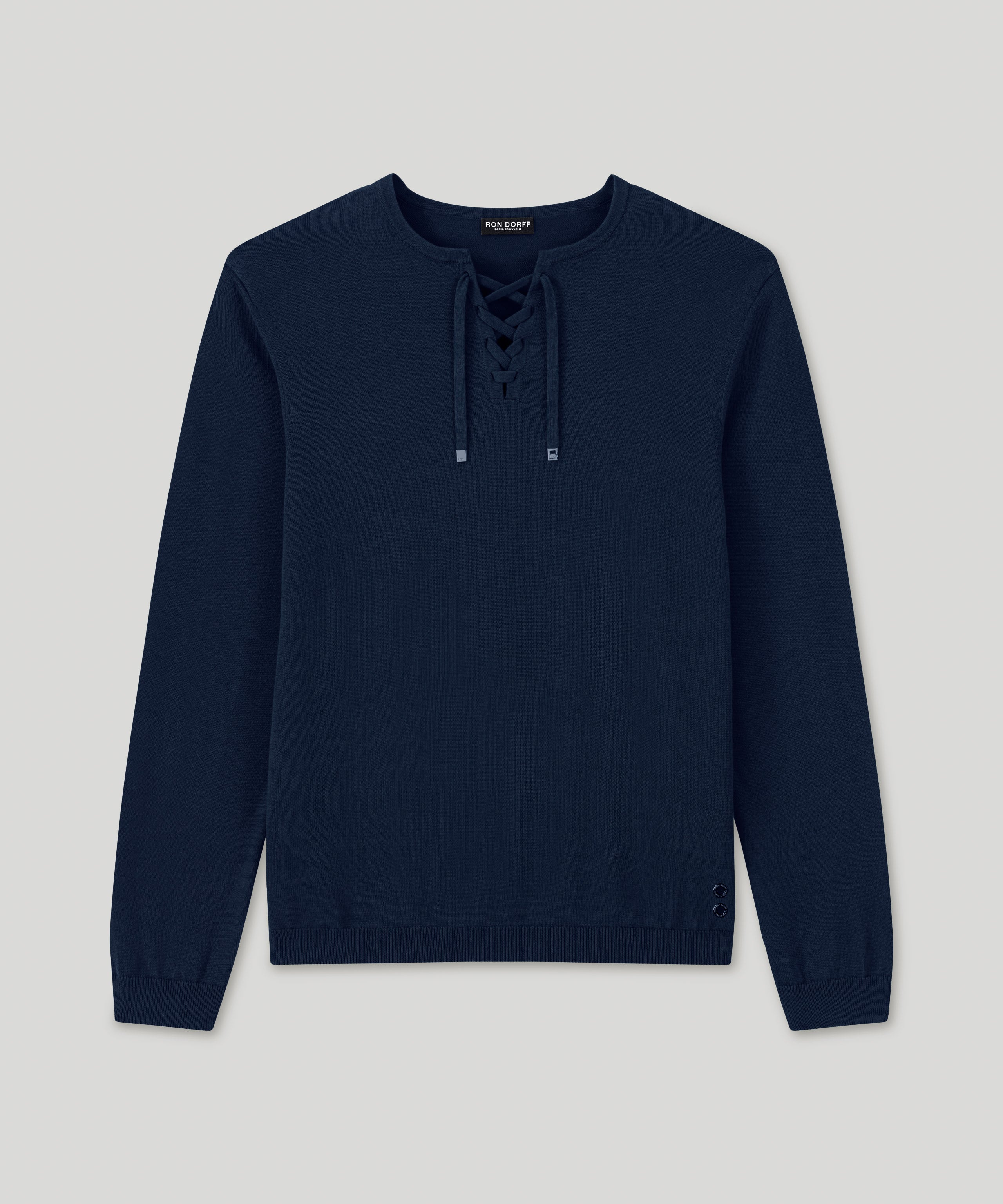 Knitted Cotton Sweater w. Drawstrings: Navy