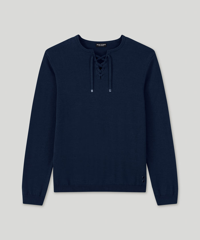 Knitted Cotton Sweater w. Drawstrings: Navy