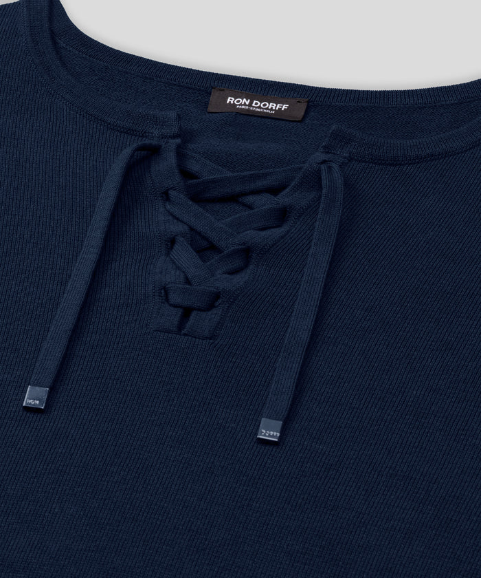 Knitted Cotton Sweater w. Drawstrings: Navy