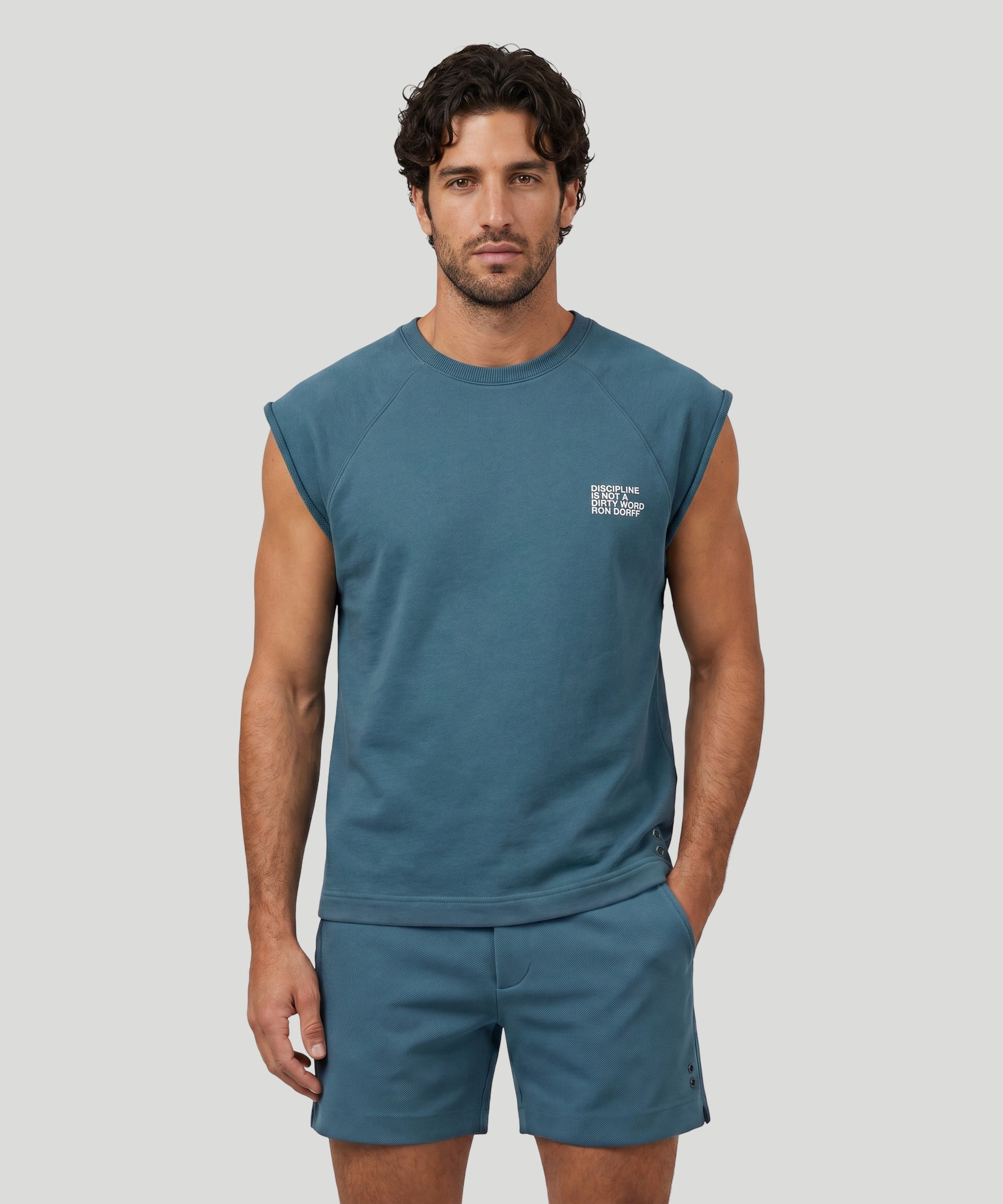 Organic Cotton Sleeveless Sweatshirt "DISCIPLINE": Baltic Blue