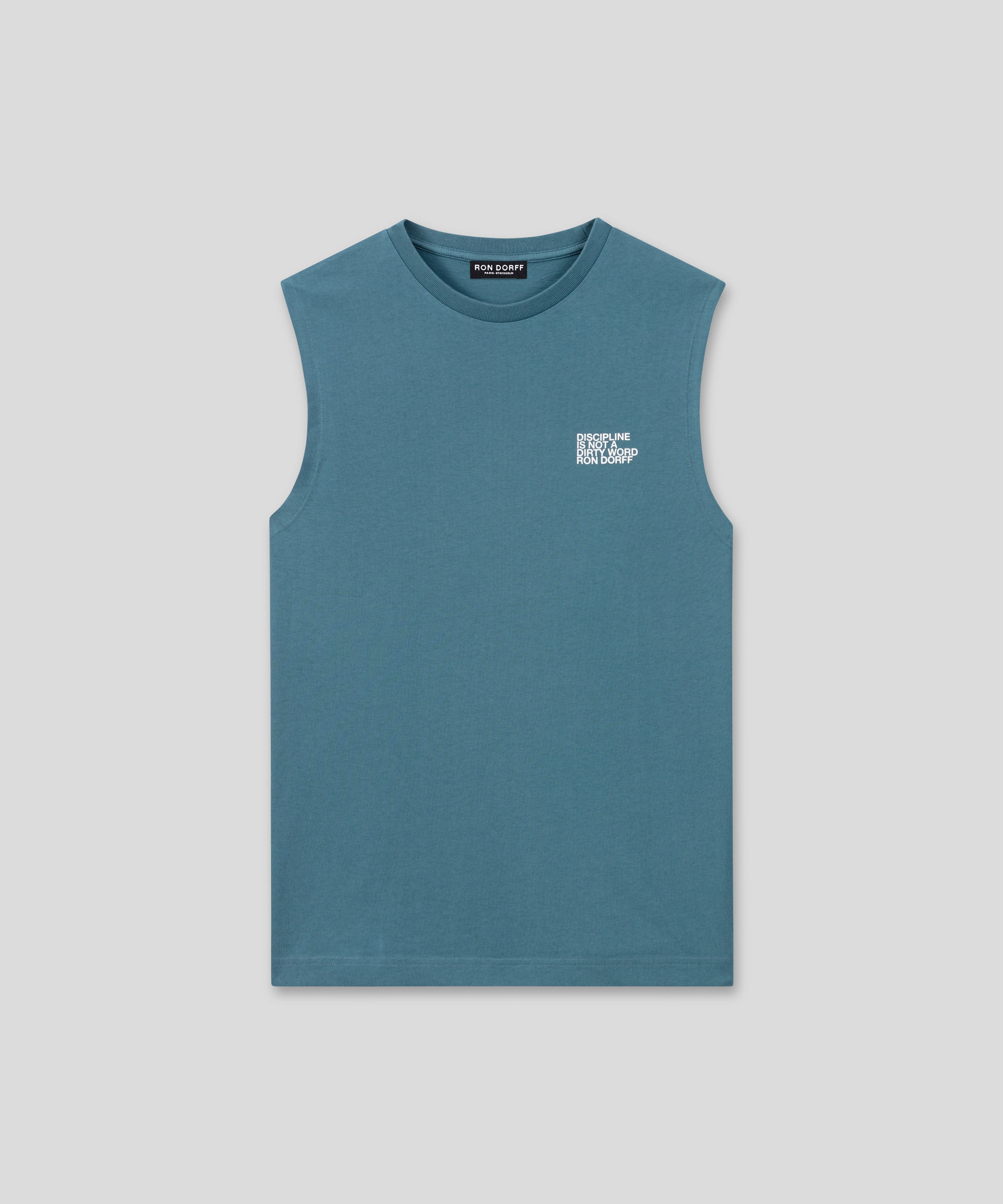 Organic Cotton Sleeveless T-Shirt "DISCIPLINE": Baltic Blue