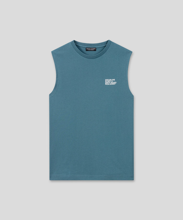 Organic Cotton Sleeveless T-Shirt "DISCIPLINE": Baltic Blue