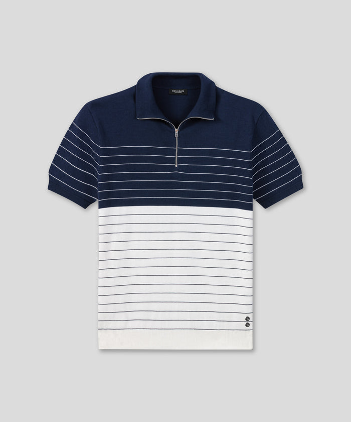 Cotton-Silk RD Polo w. Pin Stripes: Navy/White