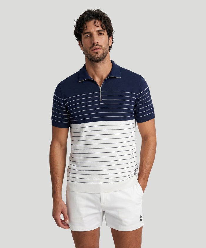 Cotton-Silk RD Polo w. Pin Stripes: Navy/White