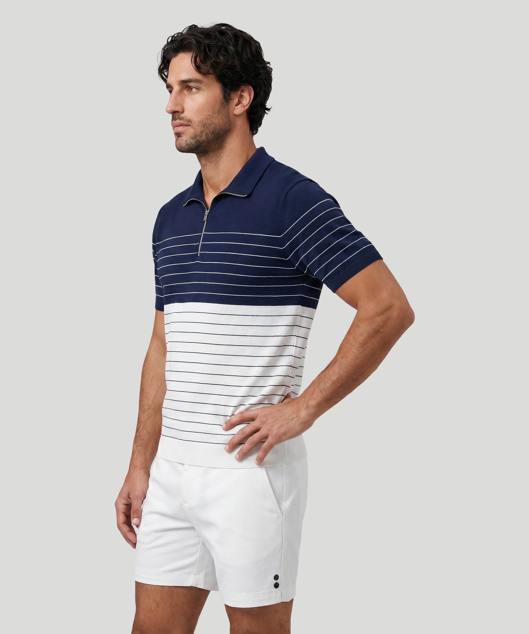 Cotton-Silk RD Polo w. Pin Stripes: Navy/White