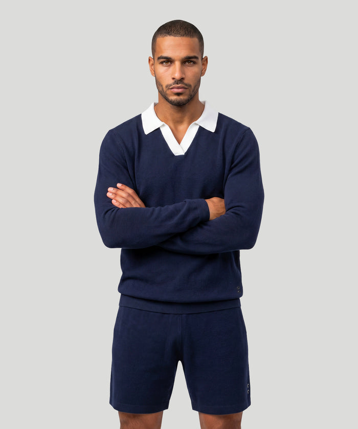 Cotton-Cashmere Piqué RD Polo V Neck Long Sleeved: Navy/White