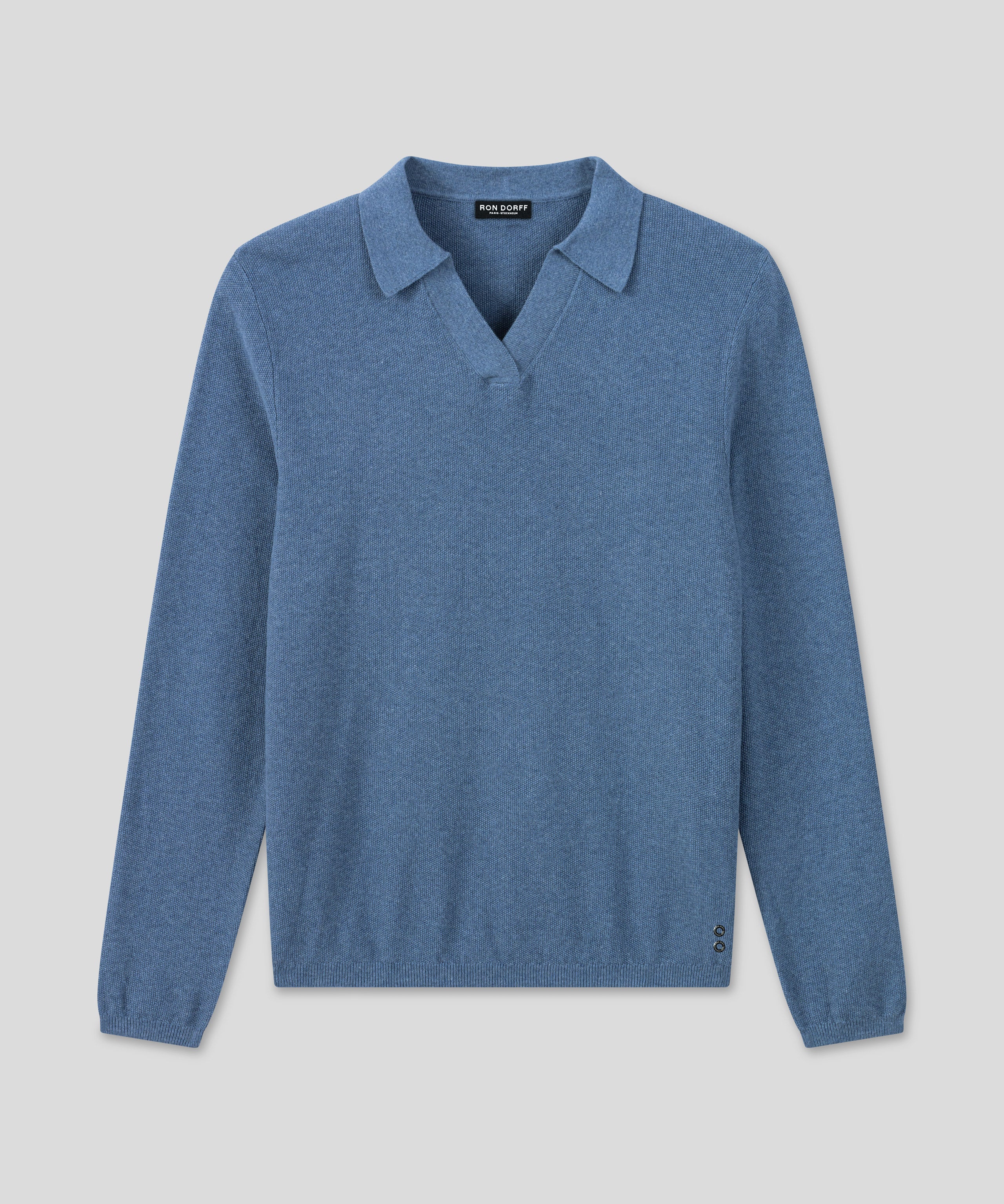 Cotton-Cashmere Piqué RD Polo V Neck Long Sleeved: Blue Melange