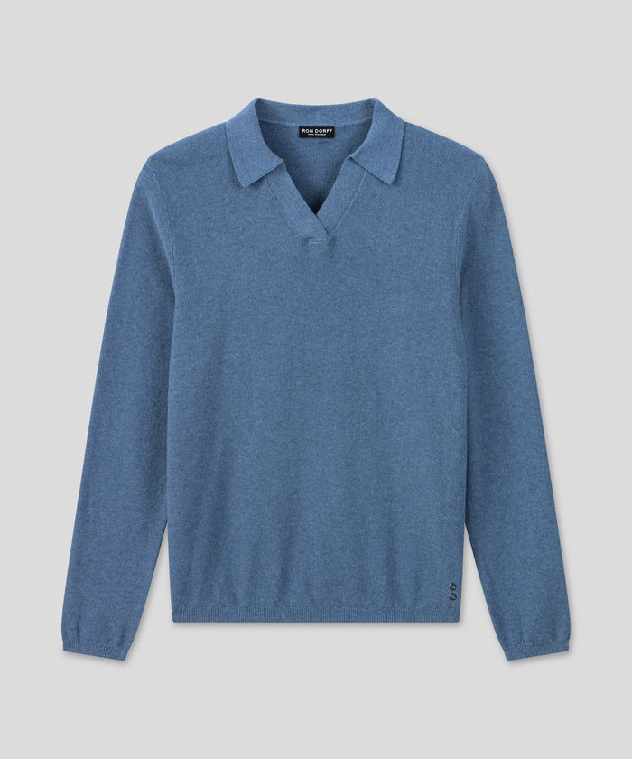 Cotton-Cashmere Piqué RD Polo V Neck Long Sleeved: Blue Melange