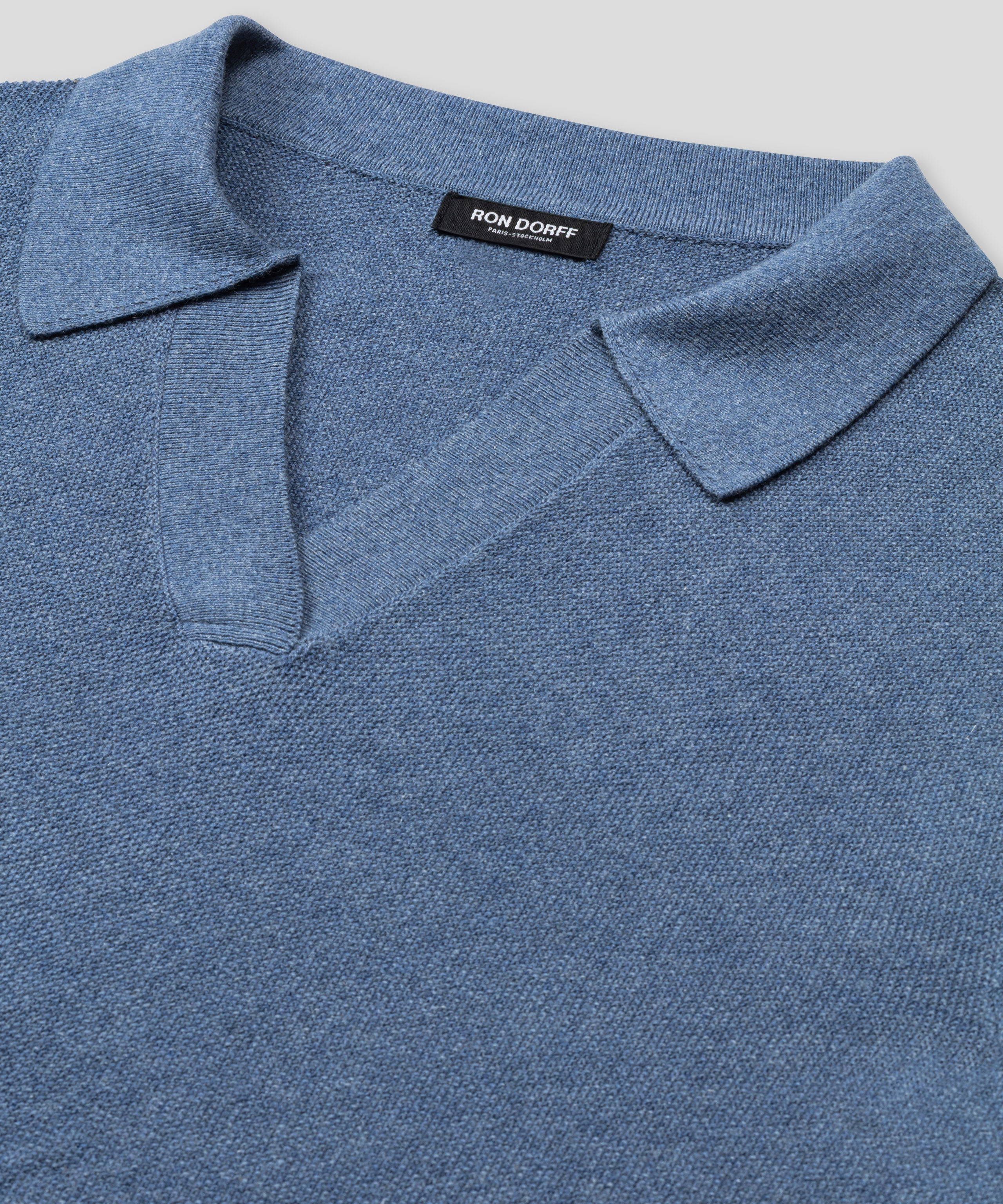 Cotton-Cashmere Piqué RD Polo V Neck Long Sleeved: Blue Melange