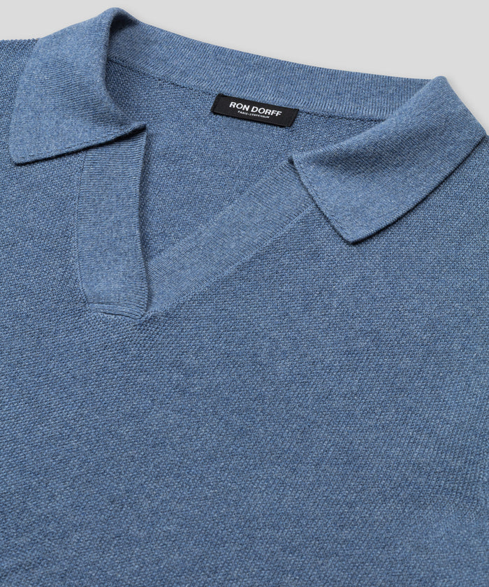 Cotton-Cashmere Piqué RD Polo V Neck Long Sleeved: Blue Melange