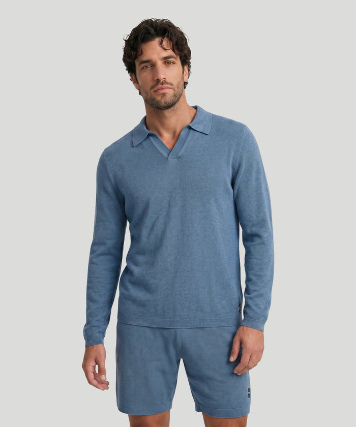 Cotton-Cashmere Piqué RD Polo V Neck Long Sleeved: Blue Melange