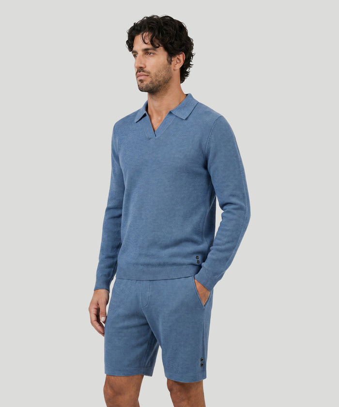 Cotton-Cashmere Piqué RD Polo V Neck Long Sleeved: Blue Melange