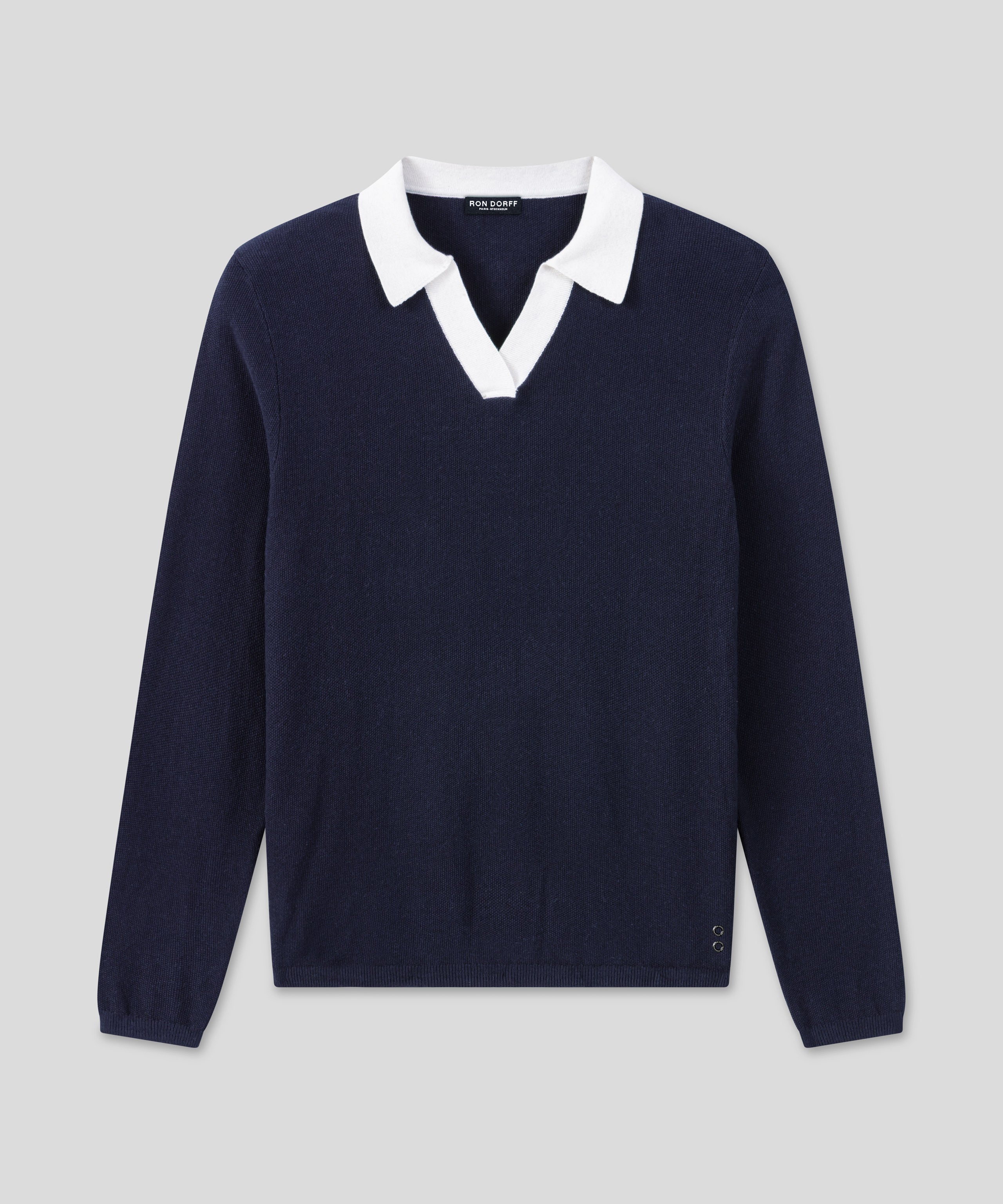 Cotton-Cashmere Piqué RD Polo V Neck Long Sleeved: Navy/White