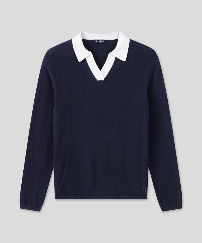 Cotton-Cashmere Piqué RD Polo V Neck Long Sleeved: Navy/White