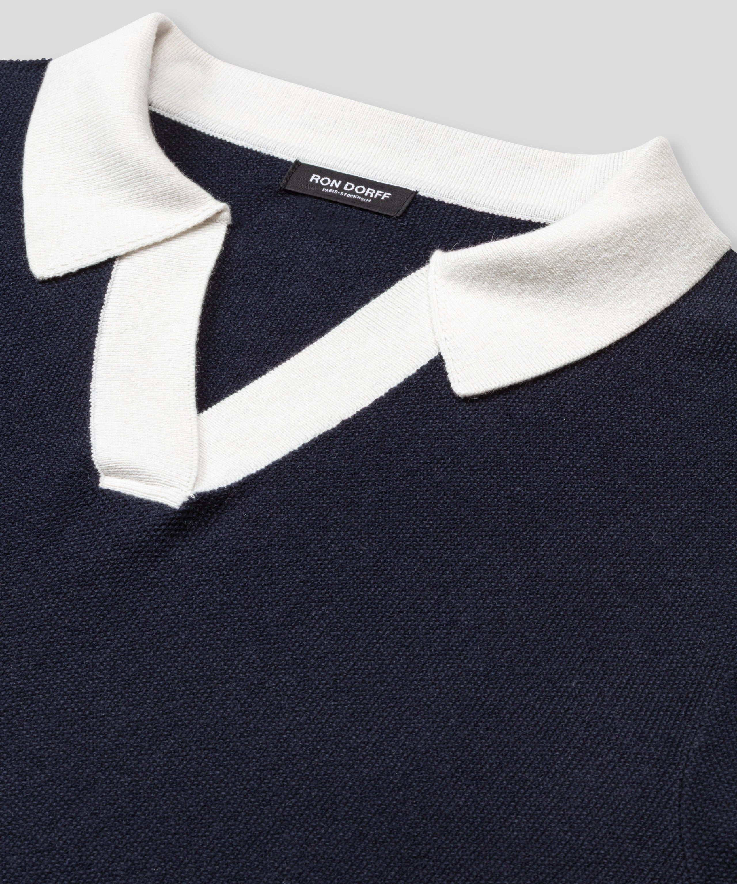 Cotton-Cashmere Piqué RD Polo V Neck Long Sleeved: Navy/White