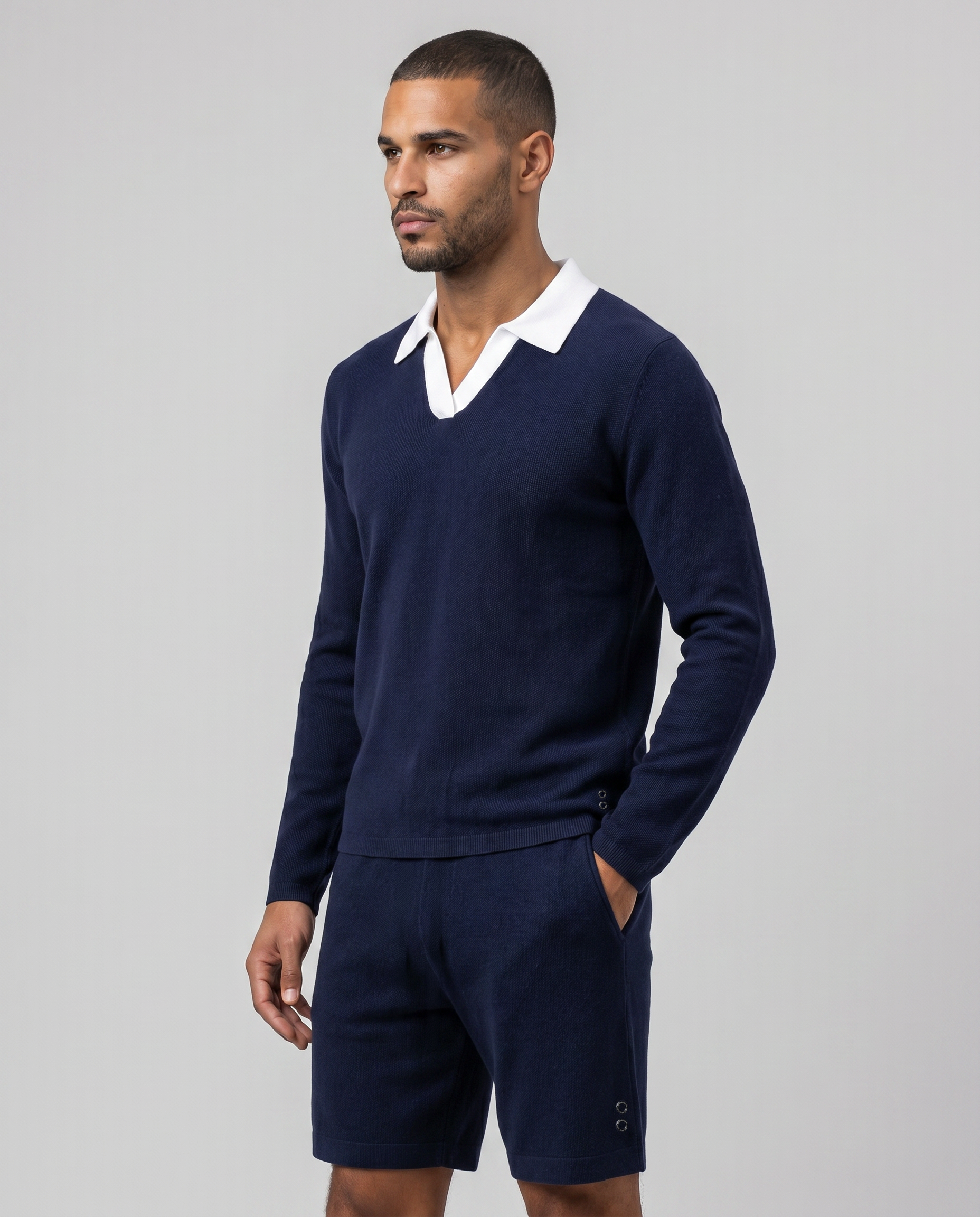 Cotton-Cashmere Piqué RD Polo V Neck Long Sleeved: Navy/White