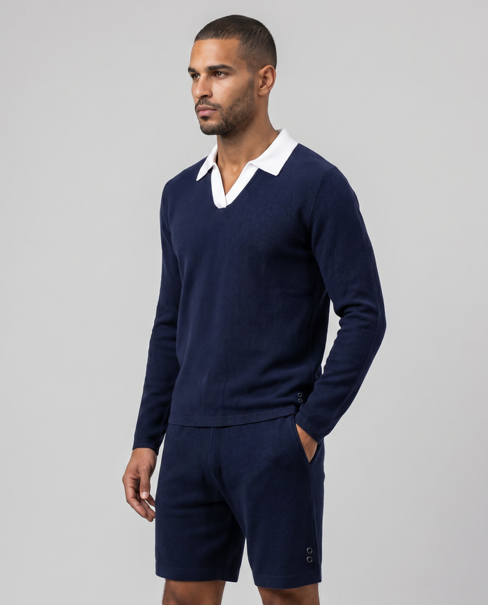 Cotton-Cashmere Piqué RD Polo V Neck Long Sleeved: Navy/White