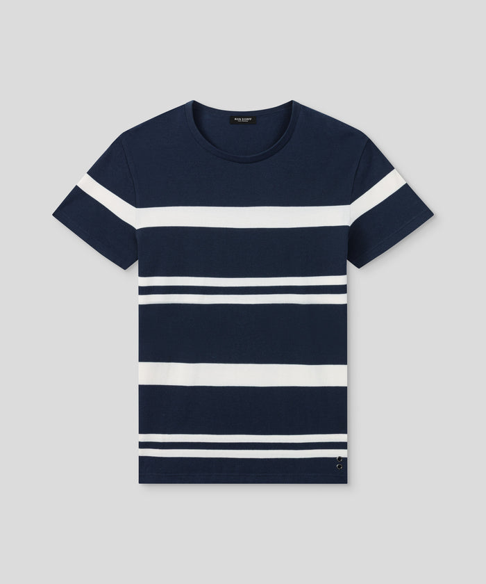 Cotton Piqué T-Shirt Eyelet Edition w. Irregular Stripes: Navy/White