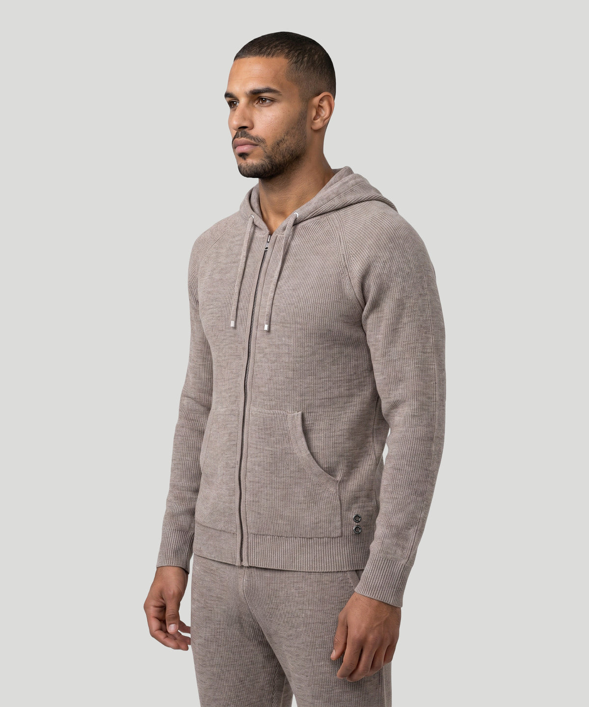 Ribbed Wool Zipped Hoodie: Sandy Beige