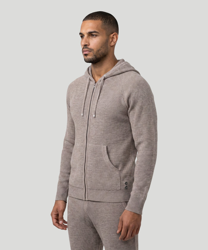 Ribbed Wool Zipped Hoodie: Sandy Beige
