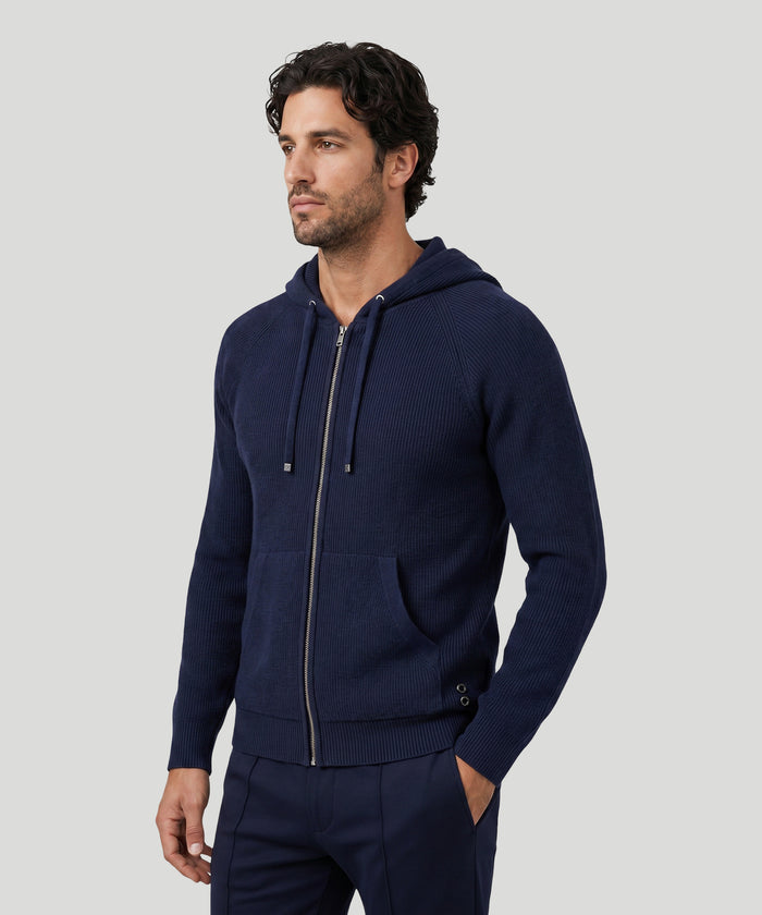 Ribbed Wool Zipped Hoodie: Navy