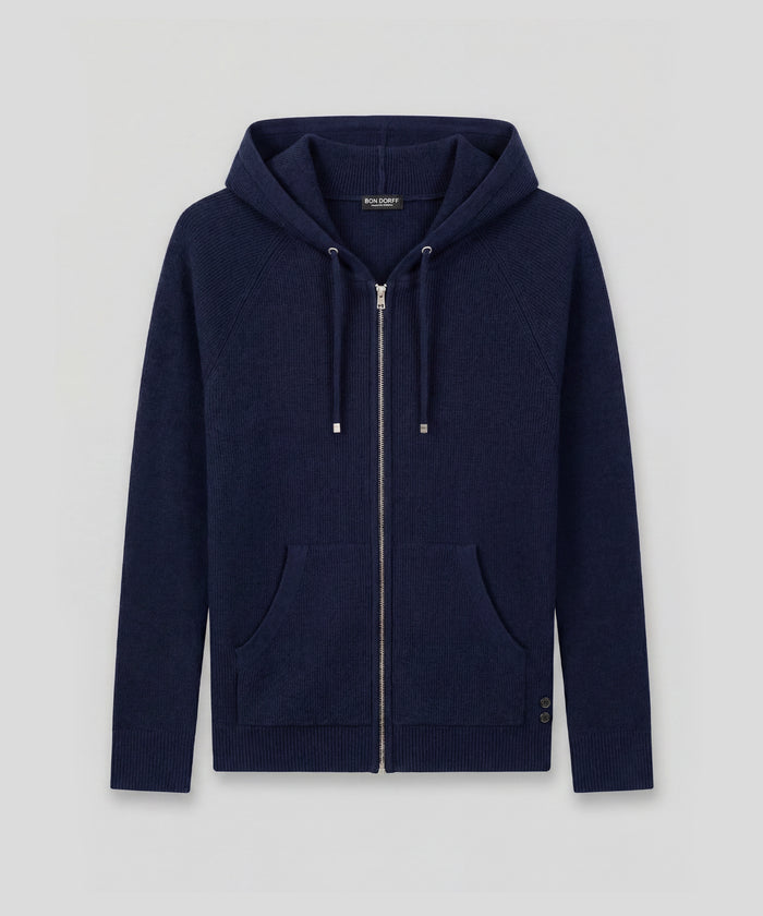 Ribbed Wool Zipped Hoodie: Navy