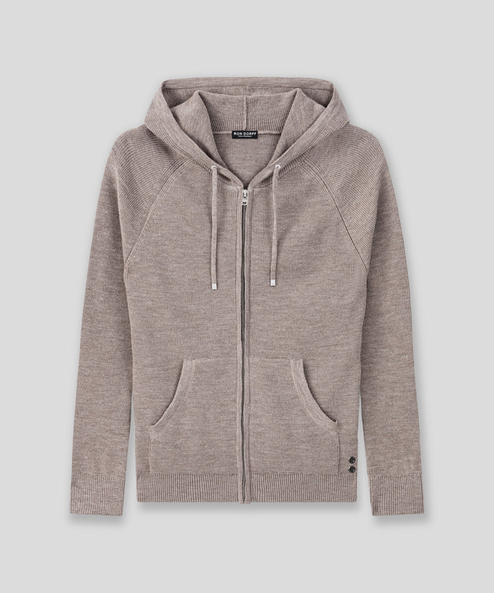 Ribbed Wool Zipped Hoodie: Sandy Beige