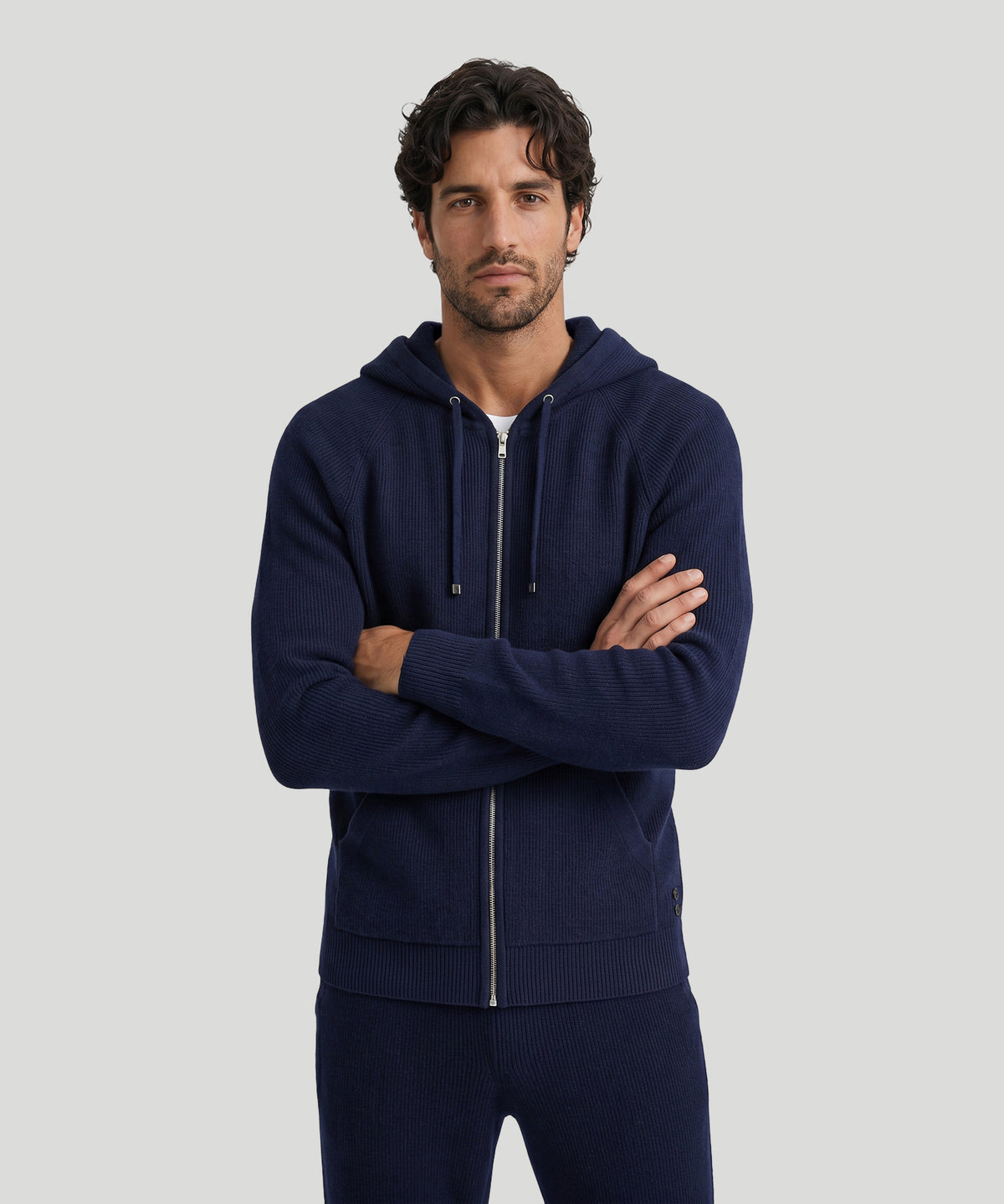 Ribbed Wool Zipped Hoodie: Navy