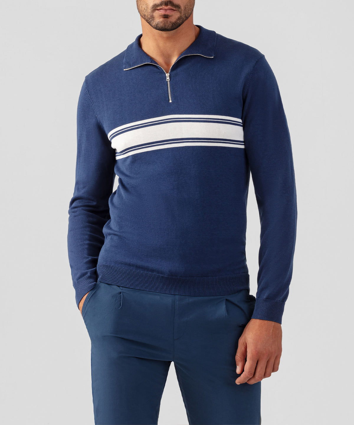 Cotton-Silk Long Sleeved RD Polo: Deep Blue