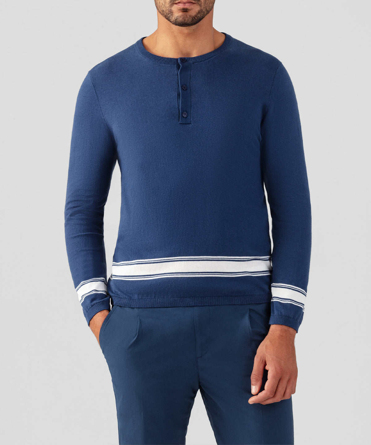 Cotton-Linen Henley Sweater: Deep Blue