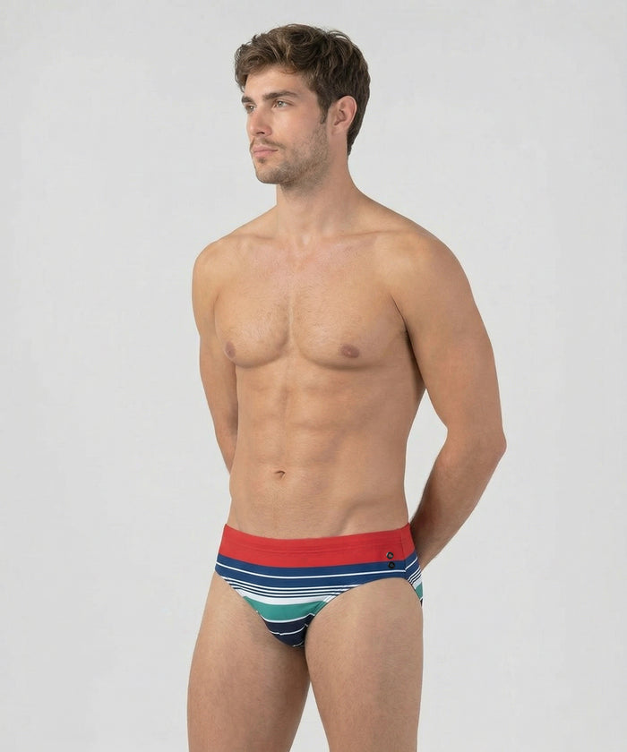 Swim Briefs w. Retro Stripes: Shocking Red