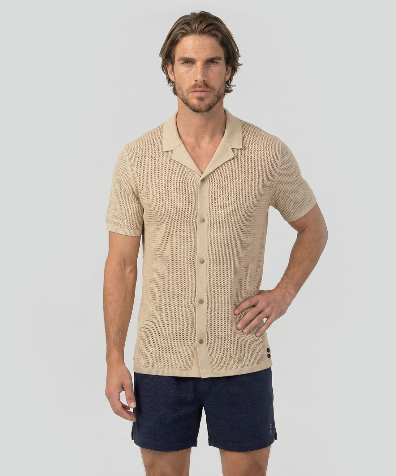 Organic Cotton Crochet Knit Shirt: Natural