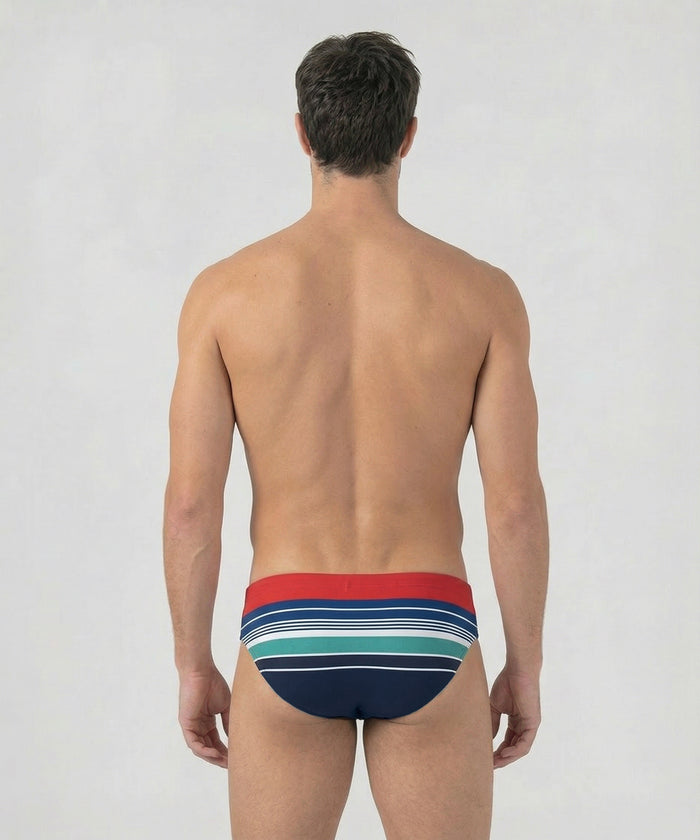 Swim Briefs w. Retro Stripes: Shocking Red