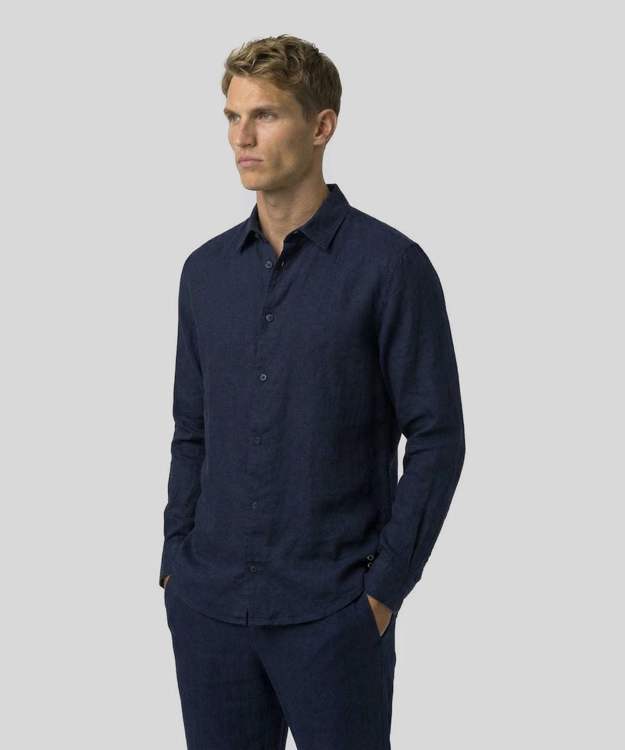 Cotton Linen Long Sleeve Shirt: Navy